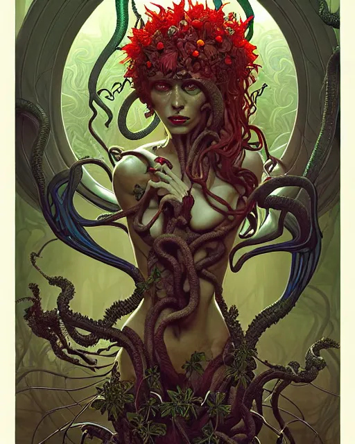 Image similar to the platonic ideal of flowers and roots of cletus kasady, venom, poison ivy, ultimate beautiful succubus medusa, cthulhu, intricate, hyperrealism, intense, dmt, artgerm, moebius, greg rutkowski, dan mumford, alphonse mucha