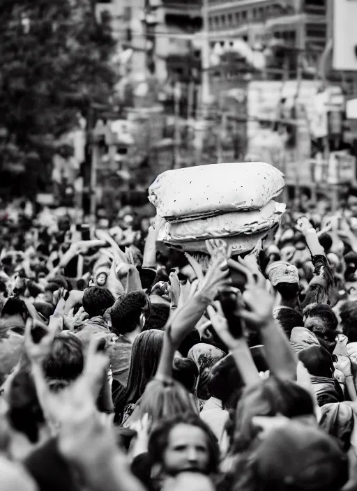 Image similar to crowd of tired citizens carrying a humongous bigmac over their heads, DSLR 35mm