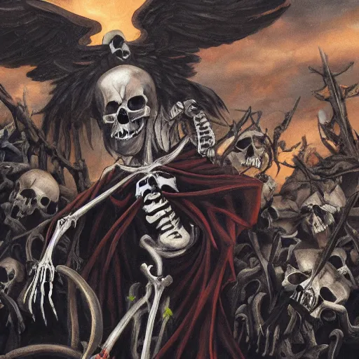 Prompt: grim reaper hovering over a pile of skeletons and skulls with dark background in an anime oil painting style with extreme details