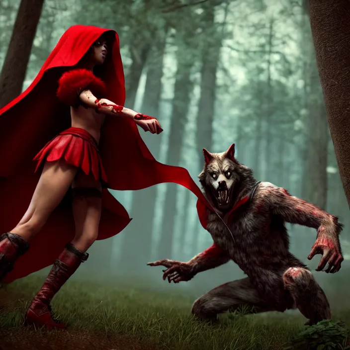 Prompt: beautiful red riding hood warrior confronting a werewolf ,highly detailed, 4k, HDR, award-winning, artstation, octane render