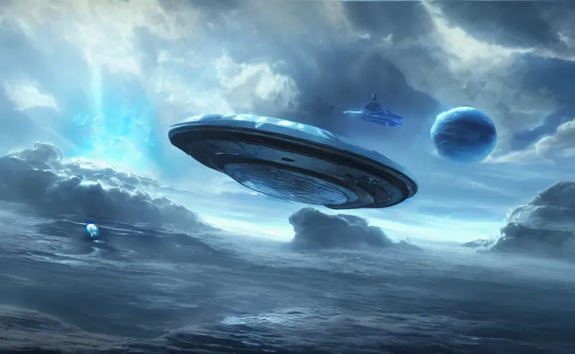 Prompt: an alien ship hovers over a thick sea of clouds, with blue sky above, sci-fi concept art, unreal engine 3d