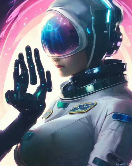 Image similar to anime visual of a female astronaut, neon, cyberpunk, black futuristic suit, stunning, highly detailed, digital painting, artstation, smooth, soft focus, illustration, art by artgerm and greg rutkowski and alphonse mucha