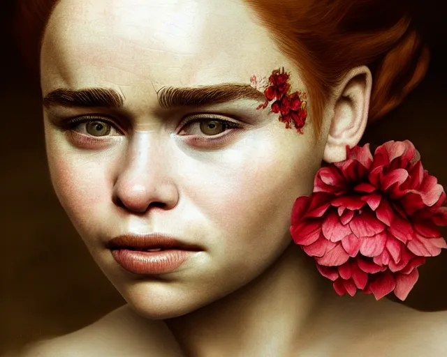Image similar to 5 5 mm portrait photo of young redhead short hair emilia clarke with flower face paint, gold atmosphere. art by greg rutkowski. highly detailed 8 k. intricate. lifelike. soft light. nikon d 8 5 0.
