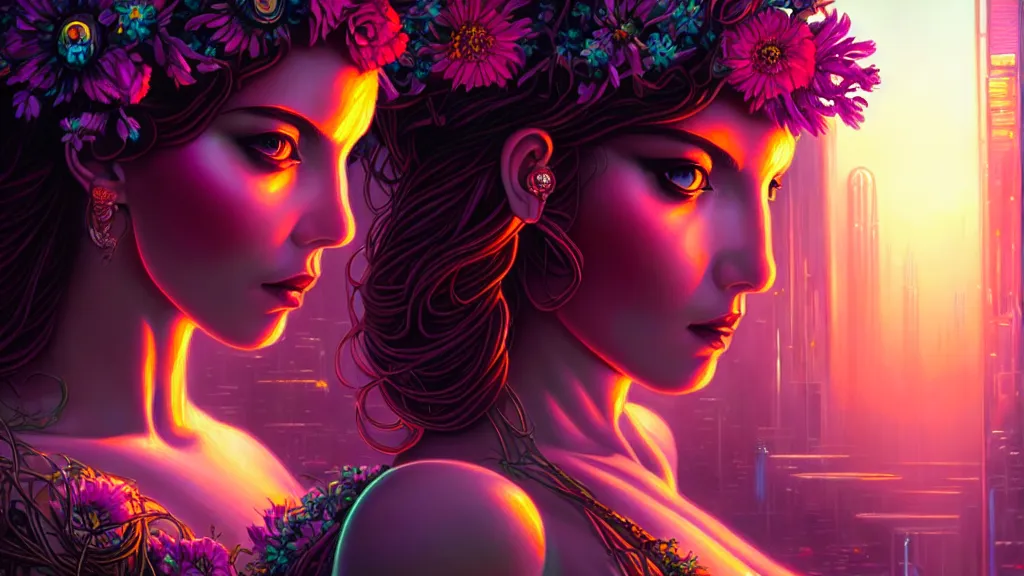 Image similar to a beautiful closeup portrait painting of a flower goddess in a sensual pose, in the style dan mumford artwork, in the background a futuristic cyberpunk city with lit windows is seen.