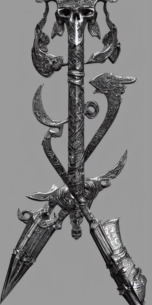 Image similar to a black and silver sword skull crest, ornament, simple weapon, a 3 d render by dom qwek, front side, concept art, trending on polycount, artstation, hard surface modeling, rendered in maya, zbrush, hd, vray, blizzard, symmetry