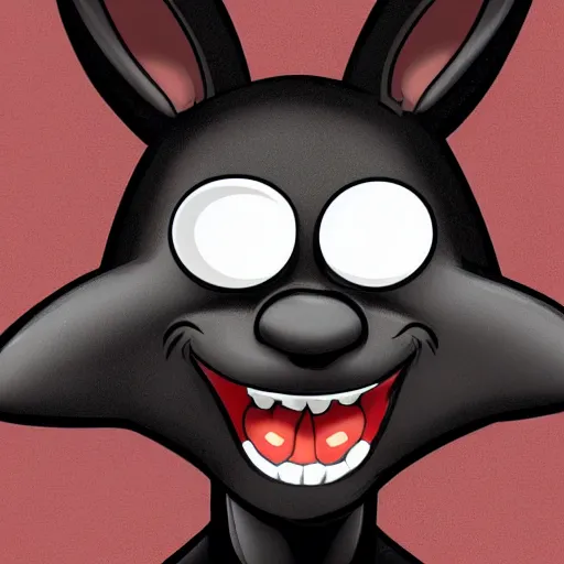 Image similar to A extremely highly detailed majestic hi-res beautiful, highly detailed head and shoulders portrait of a scary terrifying, horrifying, creepy black cartoon rabbit with scary big eyes, earing a shirt laughing, hey buddy, let's be friends, in the style of Walt Disney animation