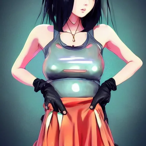 Image similar to a beautiful young japanese eimi fukada alluring instagram model in elaborate latex tank top, jrpg tank top made from latex demon faces, concept art by akira toriyama and wlop and ilya kuvshinov and artgerm. aesthetic, gorgeous, stunning, alluring, attractive, artstation, deviantart, pinterest, digital art