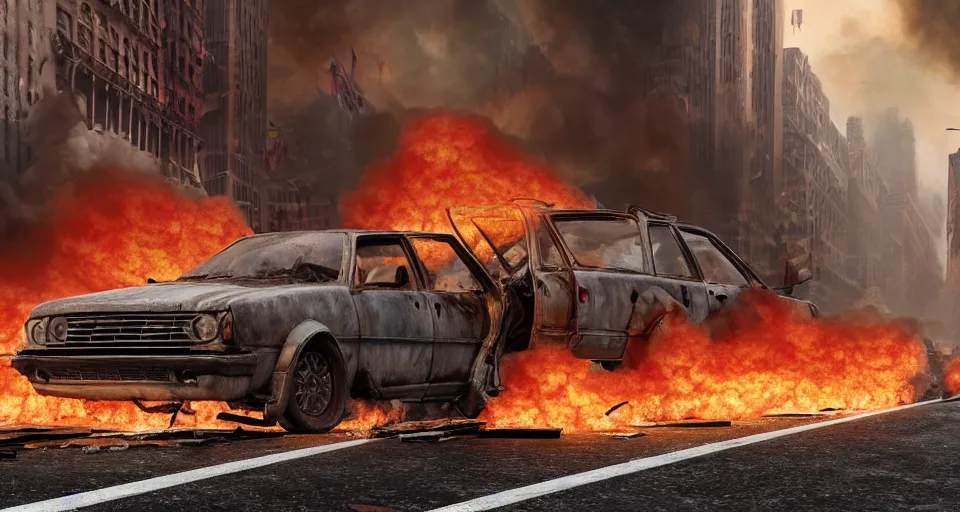 Prompt: A beautiful hyper realistic ultra detailed lifelike matte painting of a scruffy grey Timber Wolf standing in the middle of a destroyed New York City street with cars and buildings engulfed in flames on fire, unreal engine, deviantart, flickr, artstation, octane render, dimly lit, textured, colorful, extreme realistic detail, physically based rendering, pbr render, very detailed, volumetric lighting, detailed lighting, octane render, 4k, cinematic lighting, 8k resolution