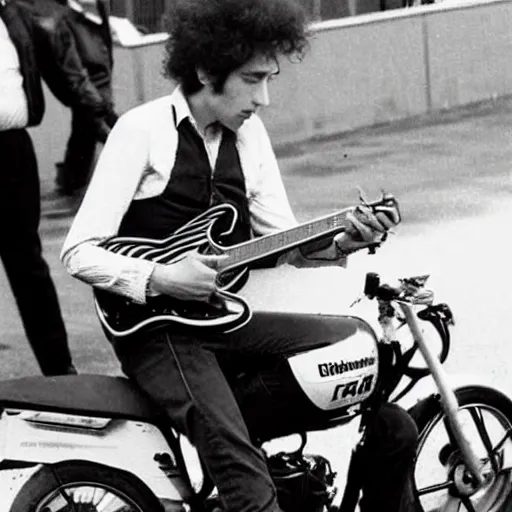 Image similar to bob dylan riding a motorcycle and playing his guitar in the fulham football club stadium, photograph