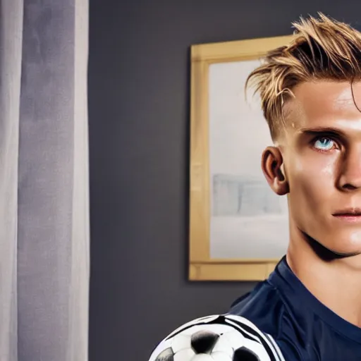 Image similar to a realistic detailed photo of a guy who is an attractive humanoid who is half robot and half humanoid, who is a male android, soccer player martin ødegaard, shiny skin, posing like a statue, blank stare, in a living room, on display, showing off his muscles, gold soccer shorts