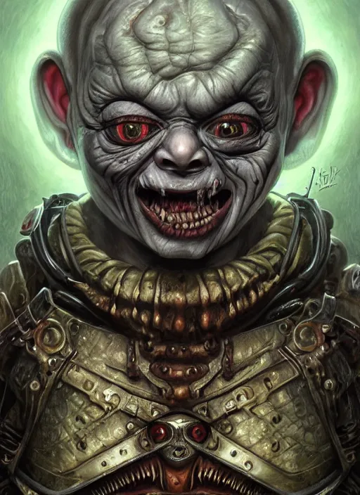 Image similar to screaming chucky doll mf doom reptile eyes, metal led skin. intricate, elegant, highly detailed, centered, digital painting, artstation, concept art, smooth, sharp focus, illustration, artgerm, tomasz alen kopera, peter mohrbacher, donato giancola, joseph christian leyendecker, wlop, frank frazetta