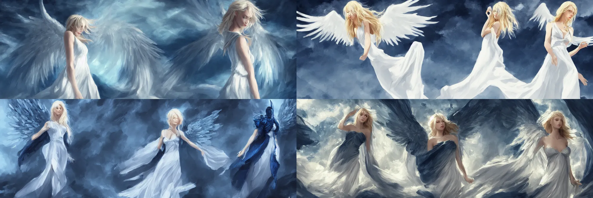 Prompt: a blonde angel with long white dress and dramatic light arriving at a dark blue valley filled with hundreds of dark blue demons, romantic painting, 8 k, artstation, wide angle
