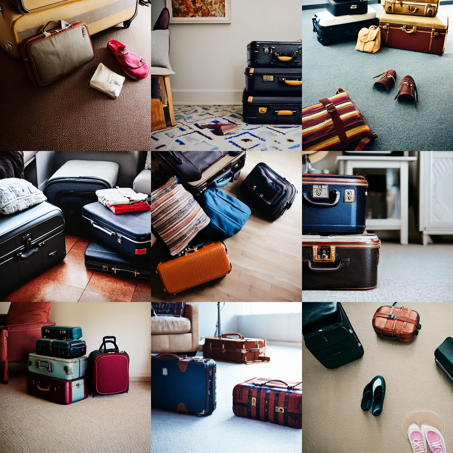 Prompt: photograph, packed suitcases and bags on the lounge room floor, travel photography, depth of field, bokeh