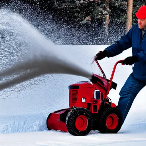 Prompt: Snowblower manual shows man putting his hand in the snowblower and losing it