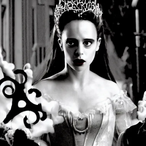 Prompt: an infallible princess, high resolution film still, live-action film by Tim Burton