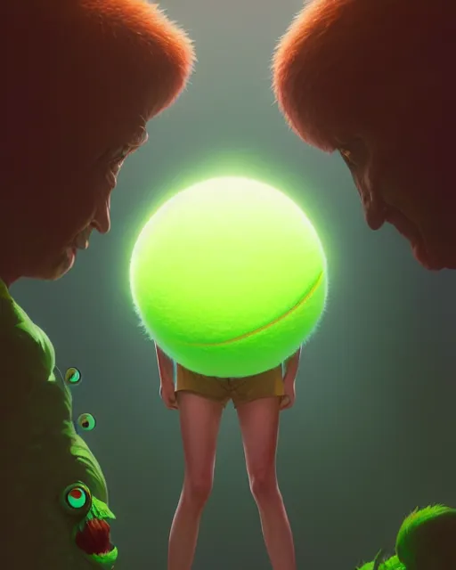 Image similar to highly detailed vfx portrait of a character of a tennis ball monster stephen bliss, unrealengine, greg rutkowski, loish, rhads, beeple, makoto shinkai and lois van baarle, ilya kuvshinov, rossdraws, tom bagshaw,