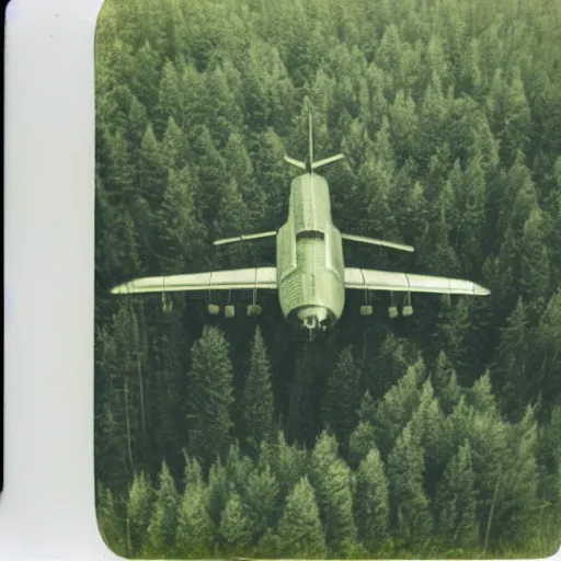 Image similar to heavily green tinted vintage polaroid photograph of a plane flying above a forest, ground level view