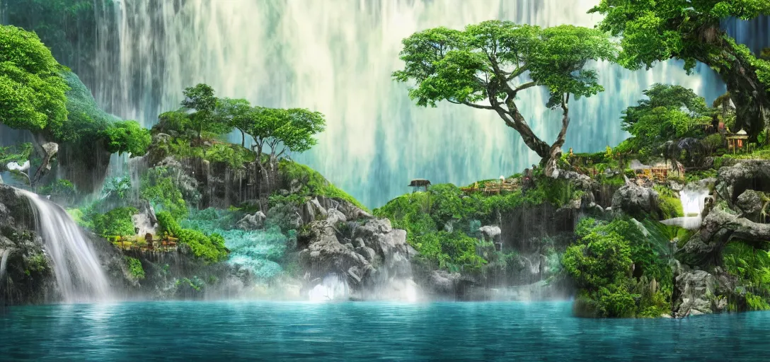 Image similar to a beautiful futurist forest island with waterfall floats in the air, matte painting, 4 k, details