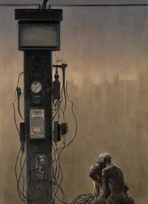 Prompt: 2 dark figures like statues covered in wires at a gas station with portable oxygen tank in the style of Edward Hopper and Francis Bacon and Norman Rockwell, Zdzislaw Beksinski, highly detailed, very coherent