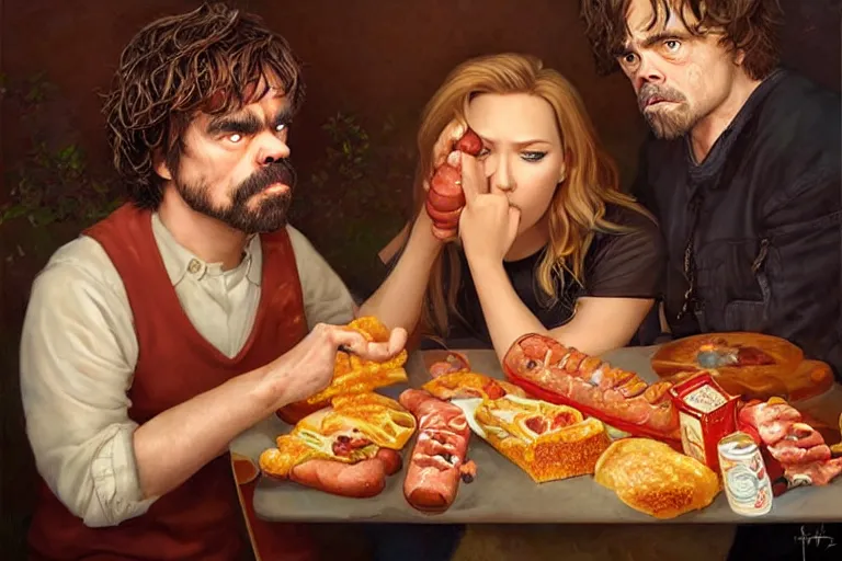 Image similar to portrait of peter dinklage sharing hotdogs with scarlett johansson, an oil painting by ross tran and thomas kincade