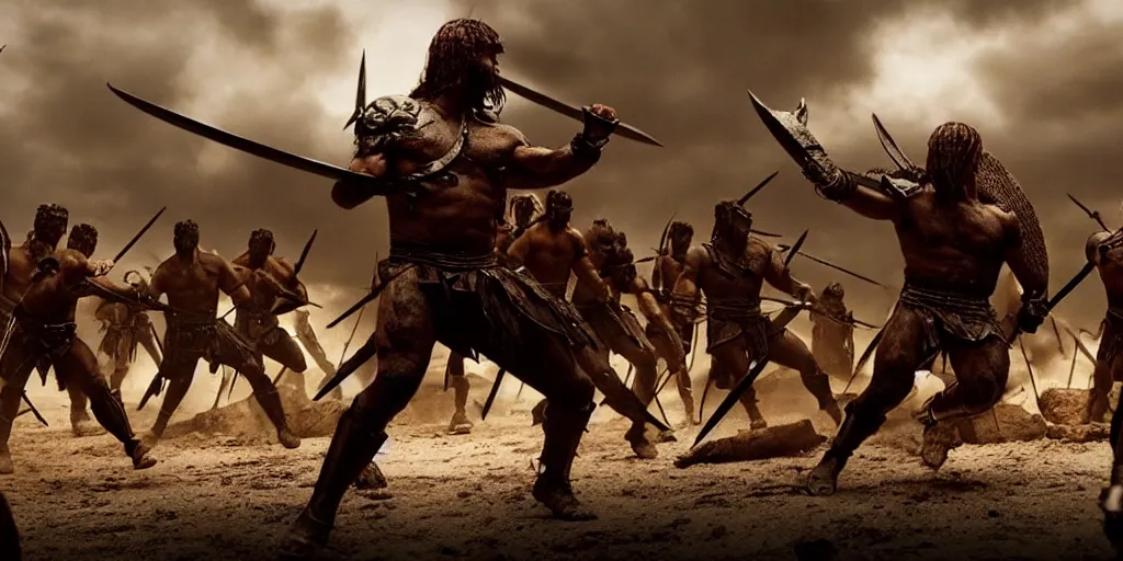 Image similar to epic battle screen of hero, film still from the movie'3 0 0'( 2 0 0 6 ), 3 d, 8 k realistic, cryengine, playstion 5 screen, cinematic lighting