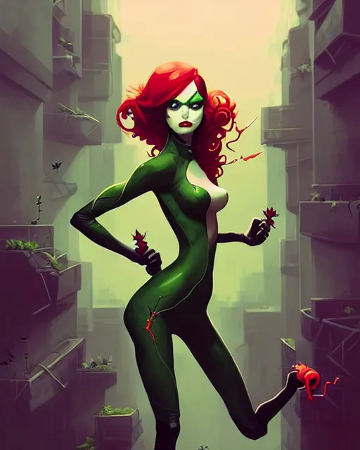 Image similar to peter mohrbacher, phil noto comicbook cover art, artgerm, emma stone poison ivy, vines, symmetrical eyes, full body, green outfit, city rooftop