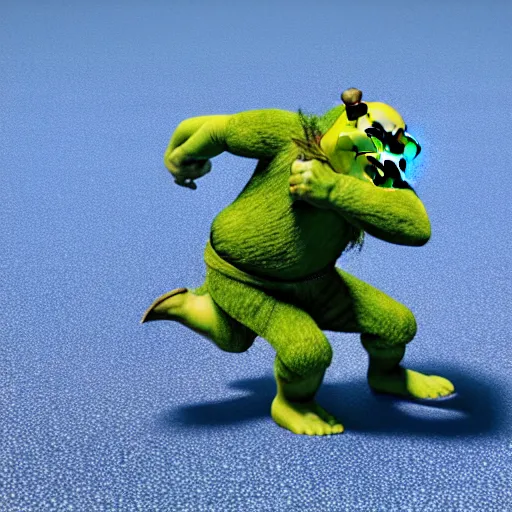 Image similar to shrek playing soccer, highly detailed, extremely high quality, hd, 4 k, 8 k, canon 3 0 0 mm, professional photographer, 4 0 mp, lifelike, top - rated, award winning, realistic, detailed lighting, detailed shadows, sharp, no blur, edited, corrected, trending