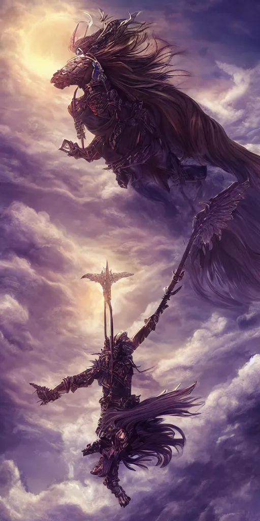 Prompt: magical warrior ascending through the heavens, fantasy apocalypse, digital art, highly detailed, mmo, 4 k,