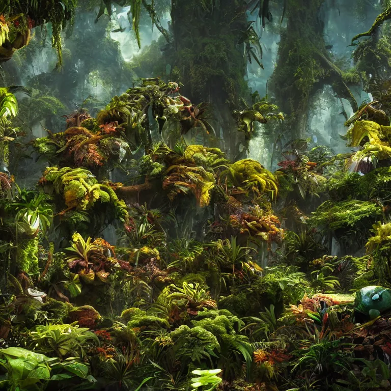 Image similar to octane render by lavinia fontana and naoto hattori and william henry hunt, a vast beautiful luscious alien jungle filled with glowing strange exotic plants and small critters, 8 k, volumetric lighting and shadows, unreal engine, cgsociety