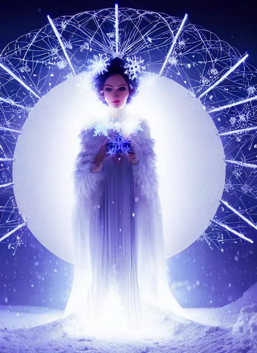 Prompt: a beautiful white queen with a giant snowflake as halo, snow particles in the background, bokeh, glowing light orbs, intricate concept art, illuminated lines, outrun, vaporware, dark background, cyberpunk darksynth, ethereal, ominous, misty, 8 k, rendered in octane, by ruan jia and jeremy mann and alphonse mucha