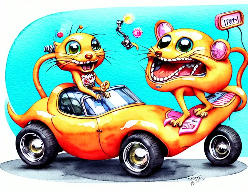 Image similar to cute and funny, margay riding in a tiny hot rod with engine, ratfink style by ed roth, centered award winning watercolor pen illustration, isometric illustration by chihiro iwasaki, edited by range murata, tiny details by artgerm and watercolor girl, symmetrically isometrically centered