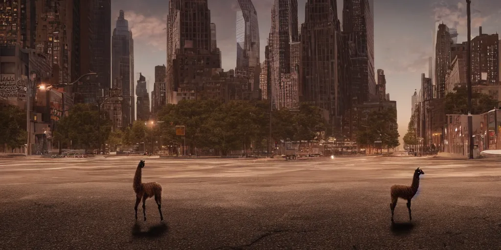 Image similar to a llama walking through a desolate manhattan city street at night, statue of liberty seen in the background, realistic 4 k octane beautifully detailed render, 4 k post - processing, highly detailed, detailed face, intricate complexity, epic composition, magical atmosphere, cinematic lighting, masterpiece, color picture, ultra hd