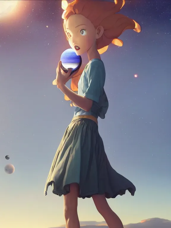 Prompt: a godly, wise, powerful giant girl wearing a skirt in space holding a model of a Saturn in her left hand. Soft lighting, cosmic skies, stunning, 8K, no planets, octane render. By Makoto Shinkai, Stanley Artgerm Lau, WLOP, Rossdraws, James Jean, Andrei Riabovitchev, Marc Simonetti, krenz cushart, Sakimichan, D&D trending on ArtStation, digital art.