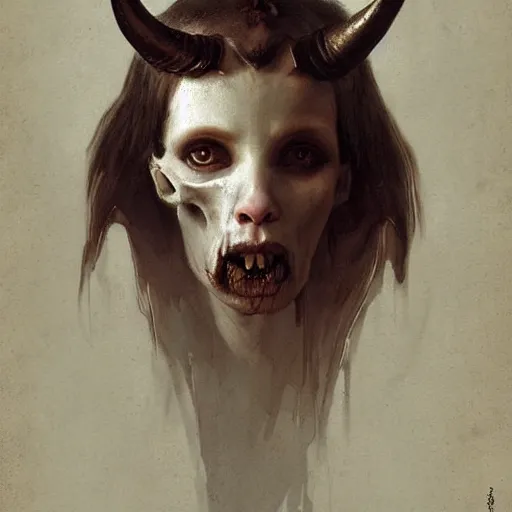 Prompt: woman with goat horns holding an animal skull, style of da vinci, horror, fantasy illustration, by greg rutkowski