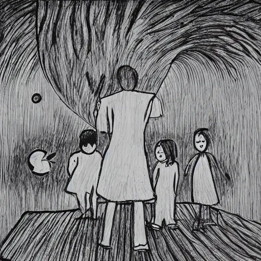 Image similar to minimalist children’s drawing of the end of the world., horror,