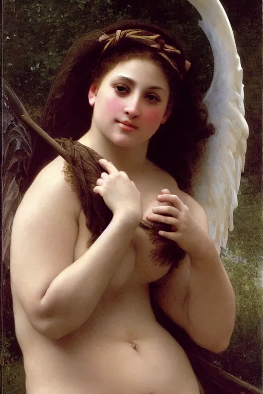 Image similar to ashley graham as bbw angel in a romantic painting by william adolphe bouguereau, photorealistic, sharp and ultradetailed