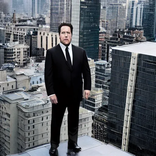 Image similar to Jon Favreau as clean-shaven Happy Hogan wearing a black suit and black necktie and black dress shoes is climbing up the side of a tall building in an urban city. The sky is filled with dark clouds and the mood is ominous.