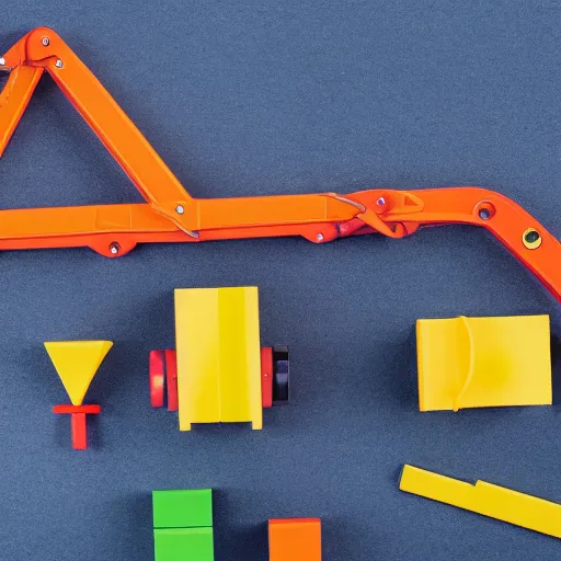 Image similar to photograph of a book being put together by a toy construction crew. Toy crane. white background, studio photography