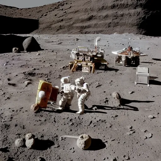 Prompt: full - color 1 9 7 2 photo of an ancient alien temple on the moon being excavated by archaeologists wearing space - suits at a dig - site. high - quality professional journalistic photography from time magazine.