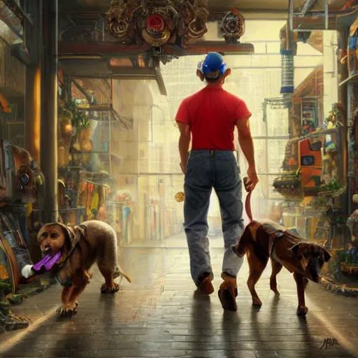 Prompt: john locke as mario walking a dog, plumbing jungle, detailed, centered, digital painting, artstation, concept art, donato giancola, joseph christian leyendecker, wlop, boris vallejo, breathtaking, 8 k resolution, extremely detailed, beautiful, establishing shot, artistic, hyperrealistic, beautiful face, octane render, cinematic lighting, dramatic lighting, masterpiece