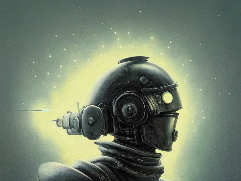 Prompt: a detailed profile portrait painting of a bounty hunter in combat armour and visor. Smoke. cinematic sci-fi poster. Cloth and metal. Welding, fire, flames, samurai Flight suit, accurate anatomy portrait symmetrical and science fiction theme with lightning, aurora lighting clouds and stars. Clean and minimal design by beksinski carl spitzweg giger and tuomas korpi. baroque elements. baroque element. intricate artwork by caravaggio. Oil painting. Trending on artstation. 8k