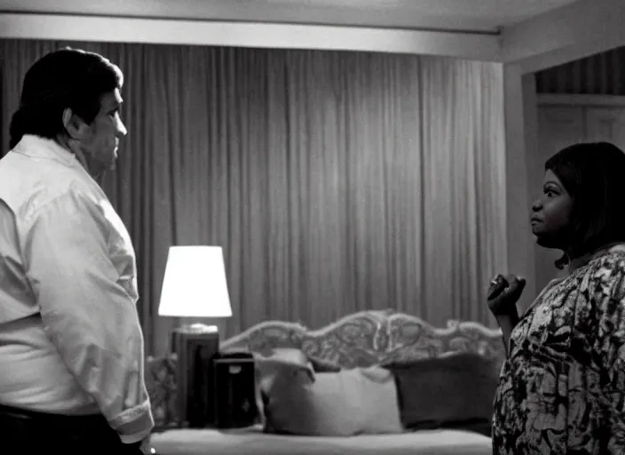 Image similar to cinematic shot of octavia spencer confronts joe manchin in a motel, in the near future, iconic scene from the paranoid thriller sci fi film directed by stanley kubrick, color theory, apartment design, leading lines, photorealistic, volumetric lighting