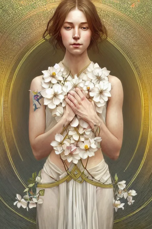 Image similar to symmetry!! full body portrait!!!! of a beautiful!!!! delicate elegant nordic shield maiden, pretty face!!!!, flower petals, intricate, elegant, highly detailed, digital painting, artstation, concept art, smooth, sharp focus, illustration, art by artgerm and greg rutkowski and alphonse mucha, 8 k