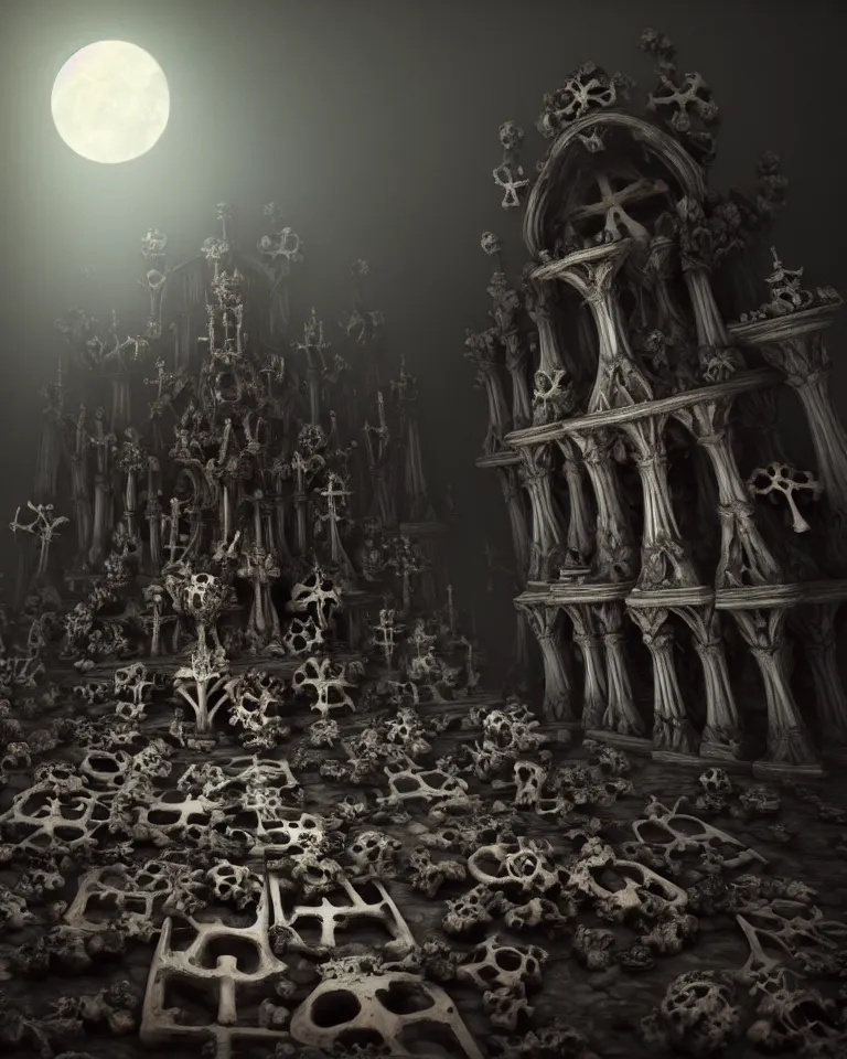 Image similar to full color, low wide shot of sedlec ossuary, bones, anime style mixed with fujifilm, dark, foggy, atmospheric, artstation, cgsociety, octane render, cgi, unreal engine 5, denoise, detailed, cinematic masterpiece