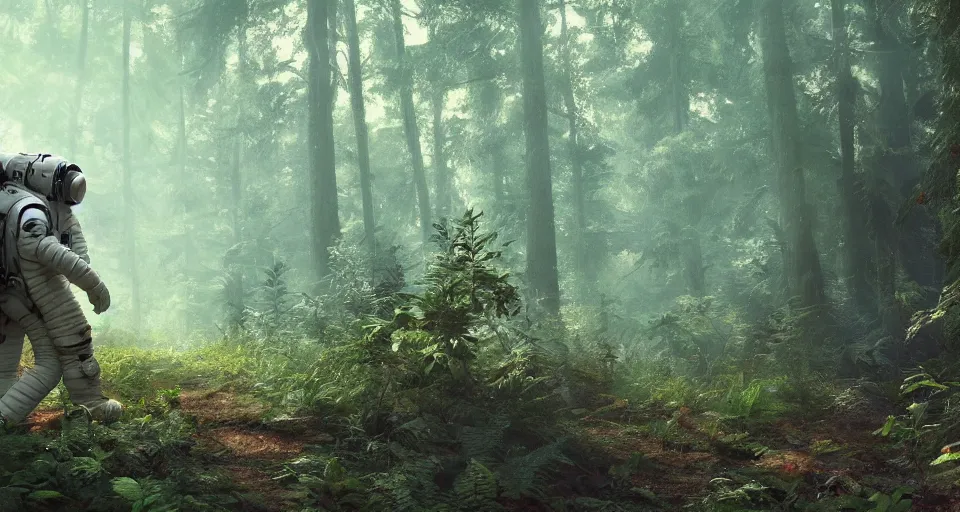 Prompt: american astronaut in the forest, plants environment, wide angle, cinematic lighting, atmospheric, realistic, octane render, highly detailed, in the style of craig mullins