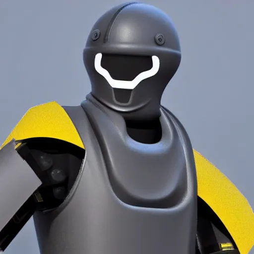 Image similar to a tall faceless security robot with dark grey and yellow armor holding a futuristic rifle