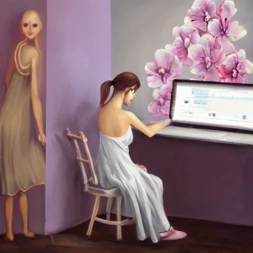 Prompt: oil painting, full room view, skinny female artist back view, dark hair, pale grey babydoll dress with 3d flowers, typing on a computer keyboard facing a giant wall size computer screen