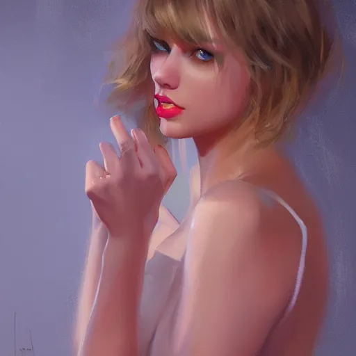 Prompt: cinematic shot of taylor swift, short dress, shiny skin, sexy, small details, realistic poster with volumetric light from jeremy lipkin and michael garmash, craig mallism, artgerm, unreal engine, radiant light, digital art, trends at art station, a masterpiece