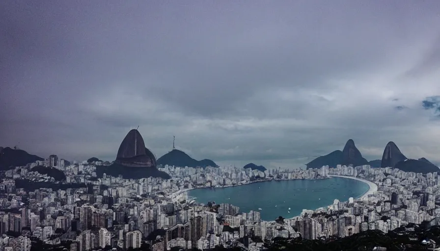 Image similar to the city of rio de janeiro covered in snow, view from copacabana beach, winter photograph, snowing, 4 k, award winning photograph, beautiful, trending on instagram