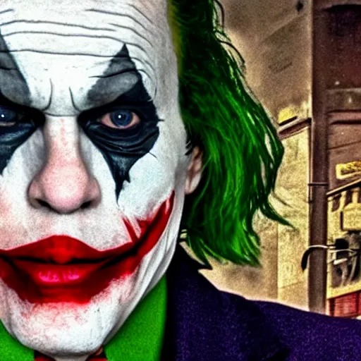 Image similar to Live Action Still of Jerma in The Joker, real life, hyperrealistic, ultra realistic, realistic, highly detailed, epic, HD quality, 8k resolution, body and headshot, film still